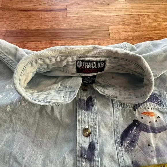 VINTAGE x Faded Light Blue Denim Button Up Snowman Snowfakes l SIZE M - Picture 7 of 8